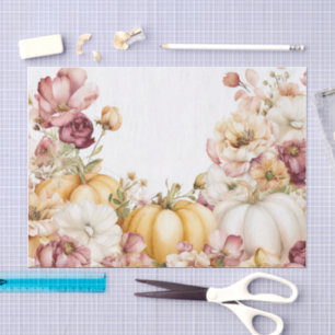 Pink Autumn Pumpkins and Flowers Fall Decoupage Tissue Paper