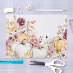 Pink Autumn Pumpkins and Flowers Fall Decoupage Tissue Paper