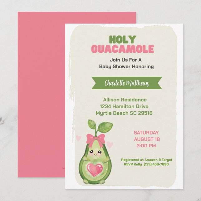 Pink Avocado Holy Guacamole  Baby Shower  Invitation (Front/Back)