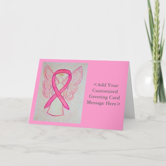 Pink Awareness Ribbon Angel Personalized Cards (Front)