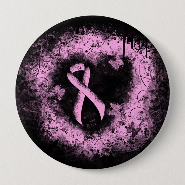 Pink Awareness Ribbon Grunge Heart 4 Inch Round Button (Front)