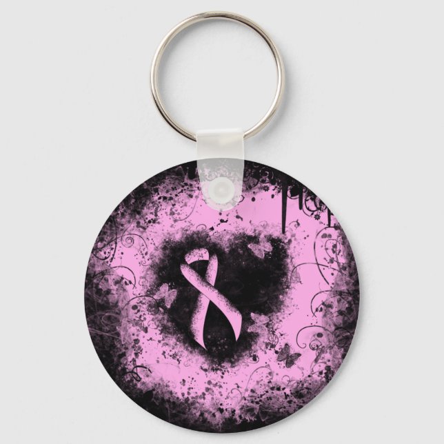 Pink Awareness Ribbon Grunge Heart Keychain (Front)
