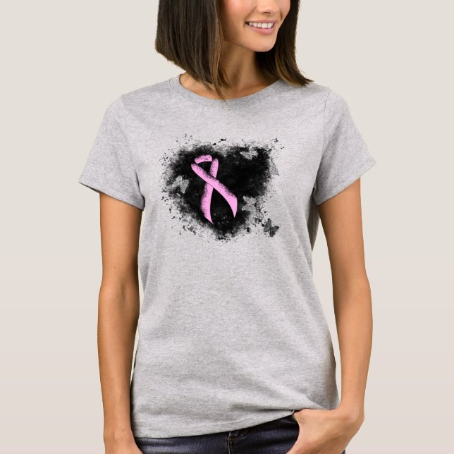 Pink Awareness Ribbon Grunge Heart T-Shirt (Front)