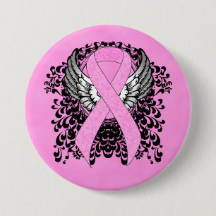 Pink Awareness Ribbon on with Wings 3 Inch Round Button