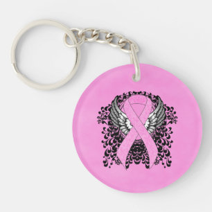 Pink Awareness Ribbon on with Wings Keychain