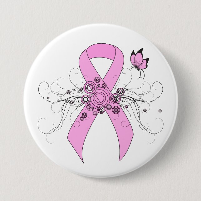 Pink Awareness Ribbon with Butterfly 3 Inch Round Button (Front)