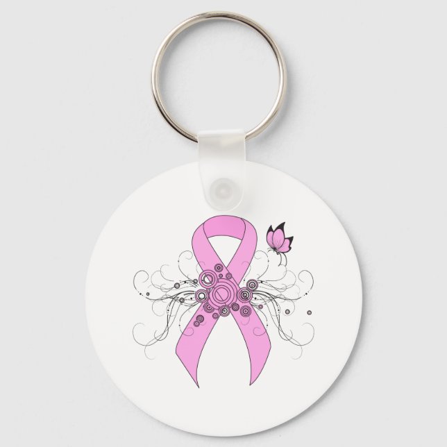 Pink Awareness Ribbon with Butterfly Keychain (Front)