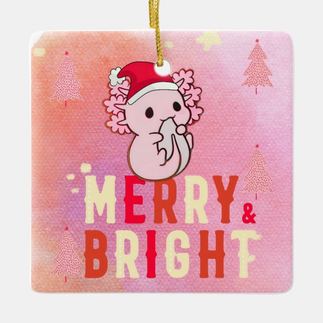 Pink axolotl christmas ceramic ornament (Front)