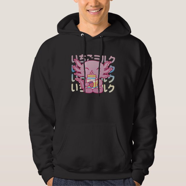 Pink Axolotl Drinking Strawberry Milk Hoodie (Front)