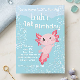 Pink Axolotl Girl 1st Birthday Party Invitation