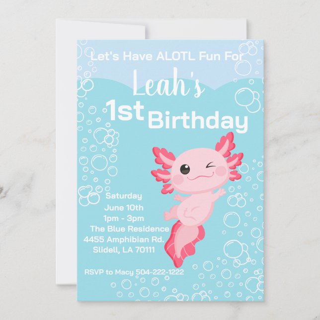 Pink Axolotl Girl 1st Birthday Party Invitation (Front)