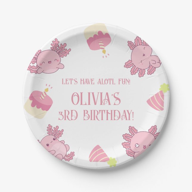 Pink Axolotl Kids Let's Have Alotl Fun Birthday Paper Plate (Front)