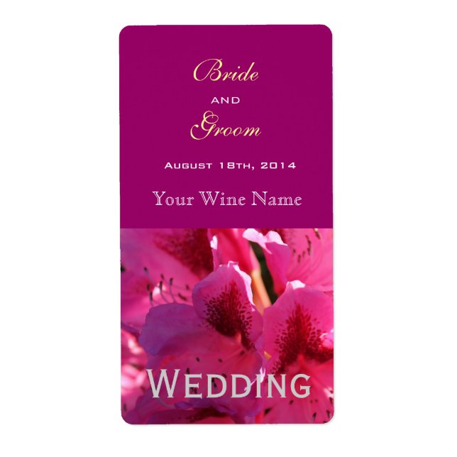 pink azalea flower wedding wine labels. (Front)