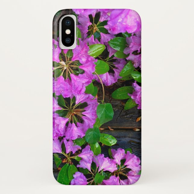 Pink Azaleas flowers, rustic backyard woodgrain  Case-Mate iPhone Case (Back)