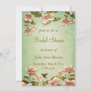 Pink Azaleas Vintage  on Green Mist Brdal Shower Invitation