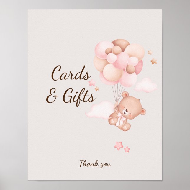 Pink Baby Bear & Balloons Baby Shower Custom Sign (Front)