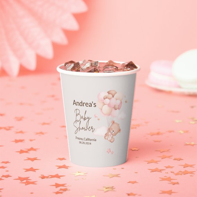 Pink Baby Bear & Balloons Baby Shower Paper Cups (Insitu)