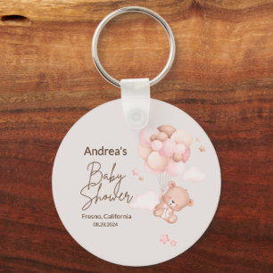 Pink Baby Bear & Balloons Baby Shower Paper Plates Keychain