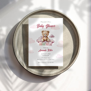 Pink Baby Bear Blocks Baby Shower Invitation