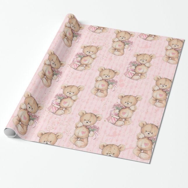 Pink Baby Bear Gift Wrap Paper (Unrolled)