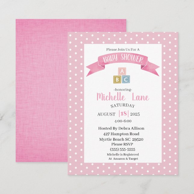 Pink Baby Blocks Girl Shower Invitation (Front/Back)