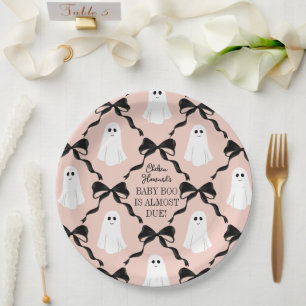 Pink Baby Boo Almost Due Ghosts and Black Bows Paper Plate