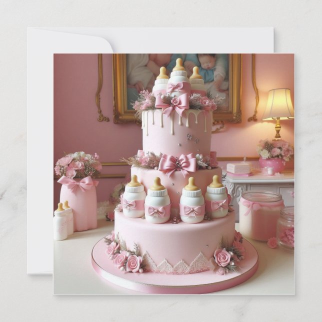 PINK BABY BOTTLES CAKE, BABY SHOWER  INVITATION (Front)