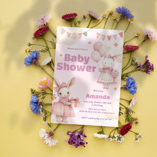 Pink Baby Bunny Cute Baby Shower Invitation