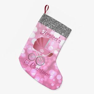 Pink Baby Carriage Bokeh Silver Faux Glitter Small Christmas Stocking