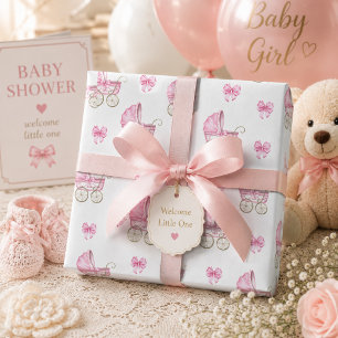 Pink Baby Carriage & Bow Watercolor Wrapping Paper