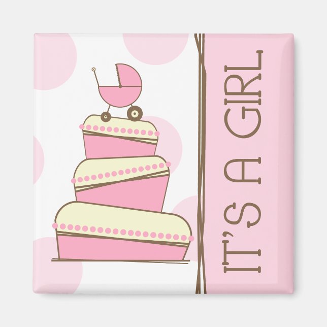 Pink Baby Carriage Cake "It's A Girl" Magnet (Front)