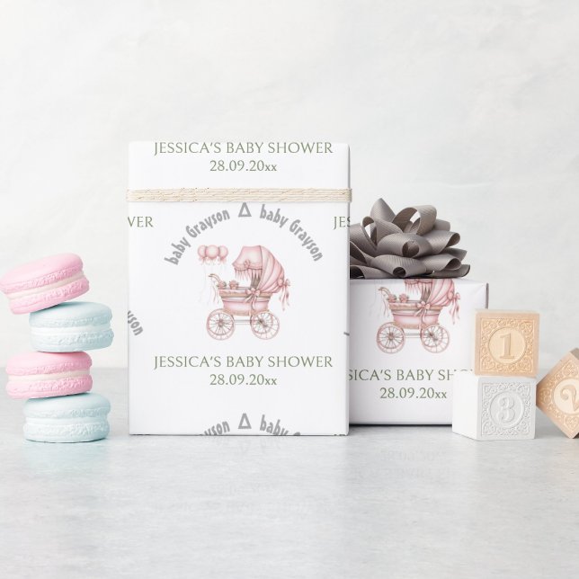 Pink Baby Carriage Personalized Baby Shower  Wrapping Paper (Creator Uploaded)