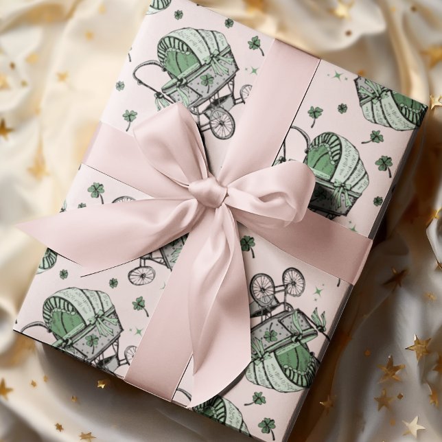 Pink Baby Carriage St Patrick's Day Baby Shower Wrapping Paper (Elegant Pink Irish / St Patrick's Day Baby Shower Vintage Baby Carriage & Lucky Green Shamrocks.)