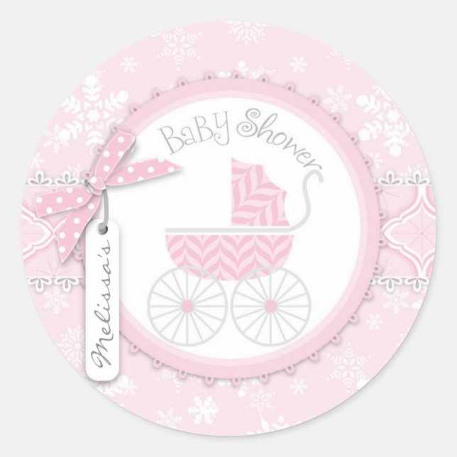 Pink Baby Carriage & Winter Snowflake Classic Round Sticker (Front)