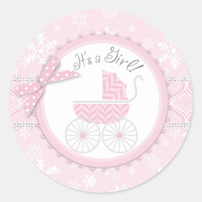 Pink Baby Carriage & Winter Snowflake Classic Round Sticker (Front)