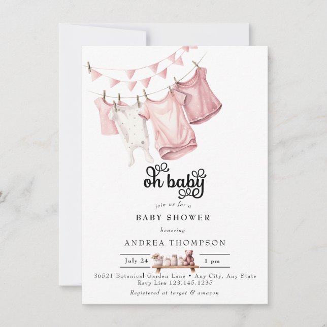 Pink Baby Clothes | Watercolor Baby Girl Shower Invitation (Front)