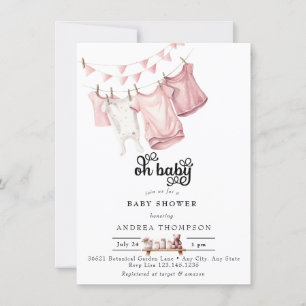Pink Baby Clothes   Watercolor Baby Girl Shower Invitation