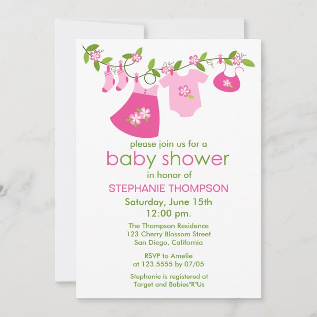 Pink Baby Clothesline Baby Shower Invitations (Front)