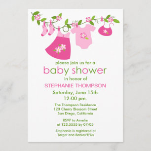 Pink Baby Clothesline Baby Shower Invitations