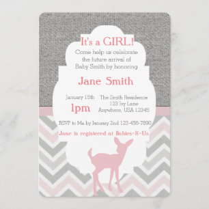 Pink Baby Deer Chevron & Burlap Baby Shower Invite