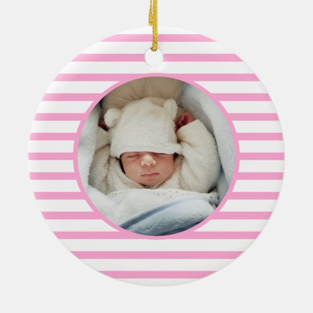 Pink Baby Dino | First Christmas Pink Stripe Chic Ceramic Ornament (Back)