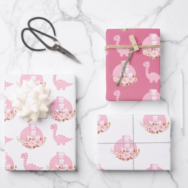 Pink Baby Dinos Wrapping Paper Sheet (Front)