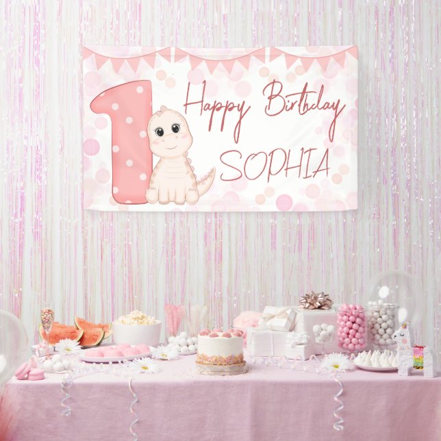 Pink baby dinosaur 1st birthday party personalized banner (Party)