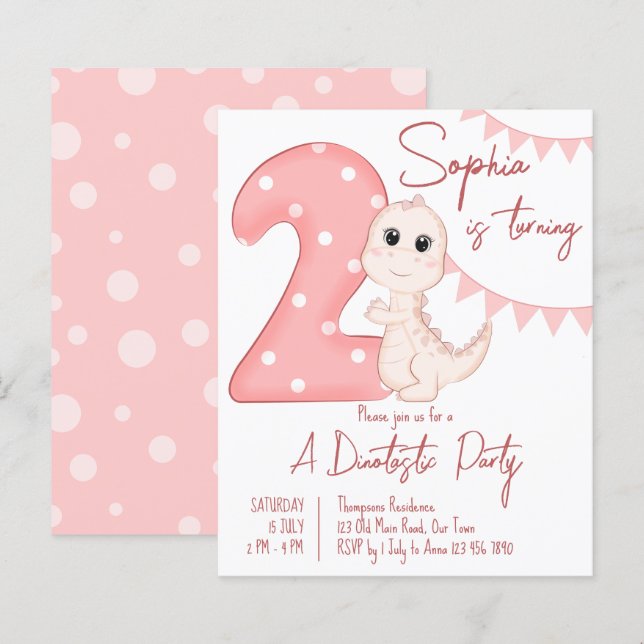 Pink baby dinosaur 2nd birthday budget invite (Front/Back)