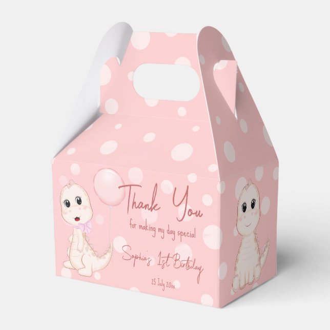 Pink baby dinosaur birthday polka dots custom favor box (Front Side)