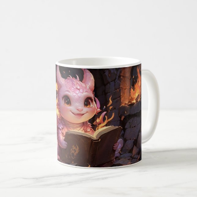 Pink Baby Dragon Reads a Book  Coffee Mug (Front Right)