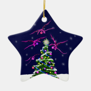 Pink Baby Dragons Encircle a Christmas Tree Ceramic Ornament