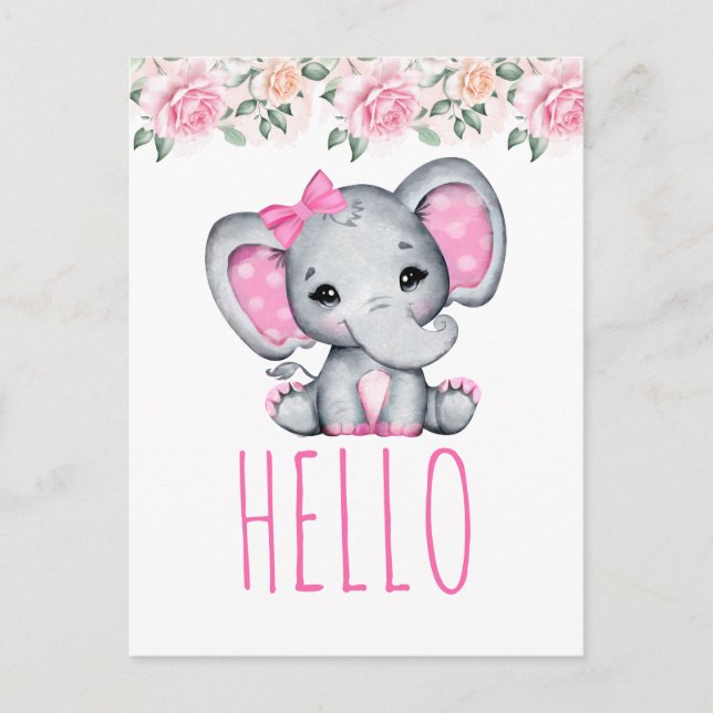 Pink Baby Elephant and Roses Border Hello Postcard (Front)