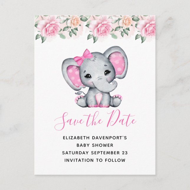 Pink Baby Elephant and Roses Border Save the Date Invitation Postcard (Front)