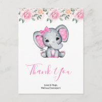 Pink Baby Elephant and Roses Border Thank You